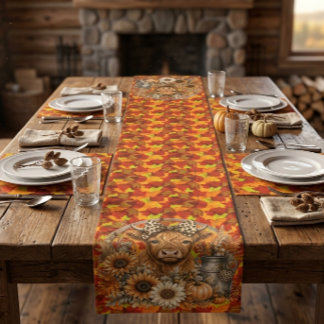 Highland Cow In Falling Leaves Table Runner