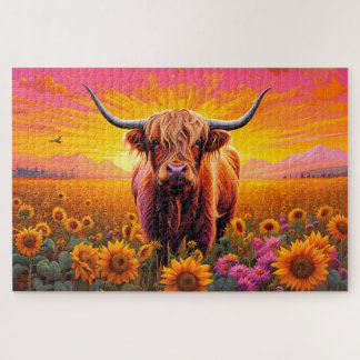 Highland Cow in Field of Sunflowers at Dawn Jigsaw Puzzle
