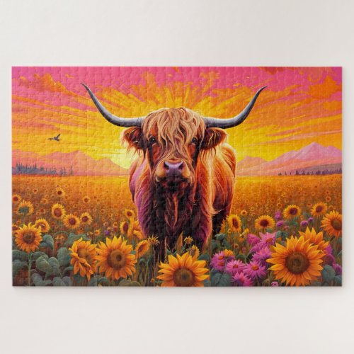 Highland Cow in Field of Sunflowers at Dawn  Jigsaw Puzzle