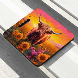 Highland Cow in Field of Sunflowers at Dawn Seat Cushion