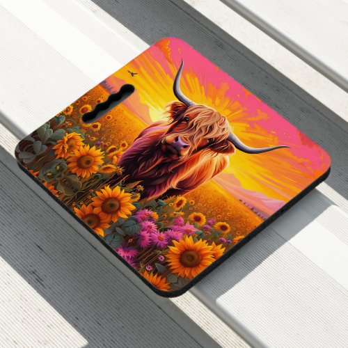 Highland Cow in Field of Sunflowers at Dawn  Seat Cushion