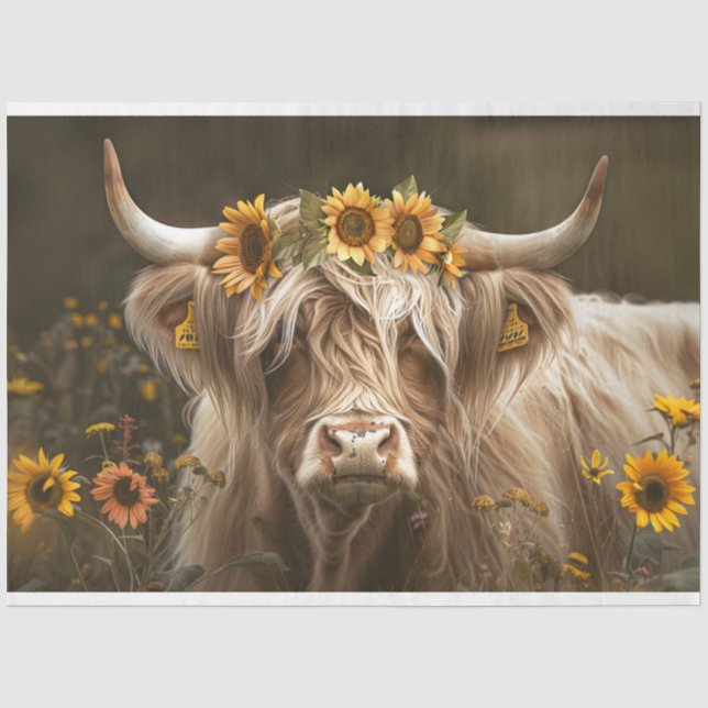 Highland Cow in Field of Sunflowers Decoupage  Tissue Paper (Front)