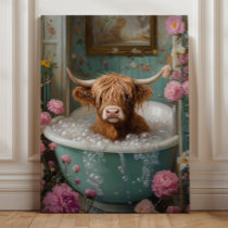 Highland Cow in Floral Bathtub Art Canvas Print