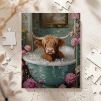 Highland Cow in Floral Bathtub