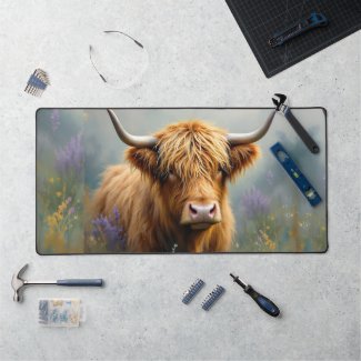 Highland Cow in Floral Meadow Close up