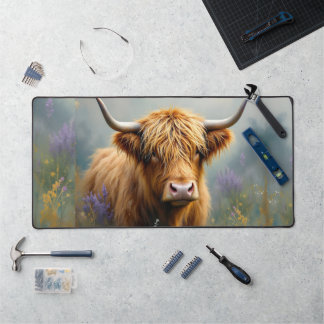 Highland Cow in Floral Meadow Close up Desk Mat