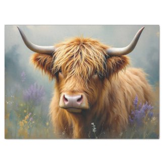 Highland Cow in Floral Meadow Close up