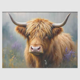 Highland Cow in Floral Meadow Close up Tissue Paper