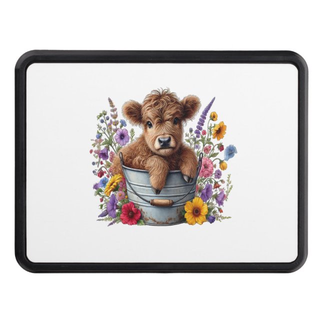Highland Cow in Flower Bucket , Cute Hitch Cover (Front)