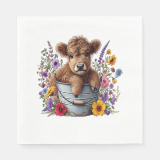 Highland Cow in Flower Bucket , Cute Napkins