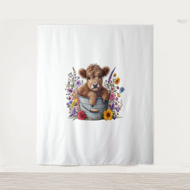 Highland Cow in Flower Bucket , Cute Tapestry (Front)