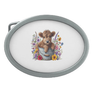Highland Cow in Flower Bucket Png, Cute Belt Buckle