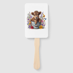 Highland Cow in Flower Bucket Png, Cute Hand Fan