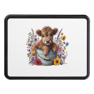 Highland Cow in Flower Bucket Png, Cute Hitch Cover