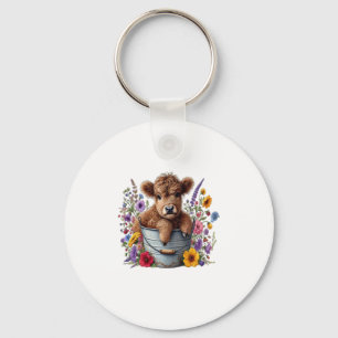 Highland Cow in Flower Bucket Png, Cute Keychain