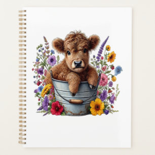 Highland Cow in Flower Bucket Png, Cute Planner