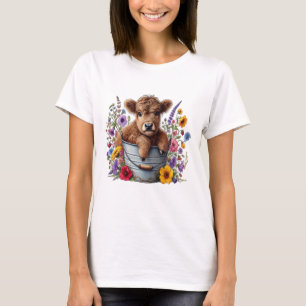 Highland Cow in Flower Bucket Png, Cute T-Shirt