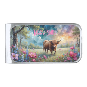 Highland Cow in Flower Field Silver Finish Money Clip