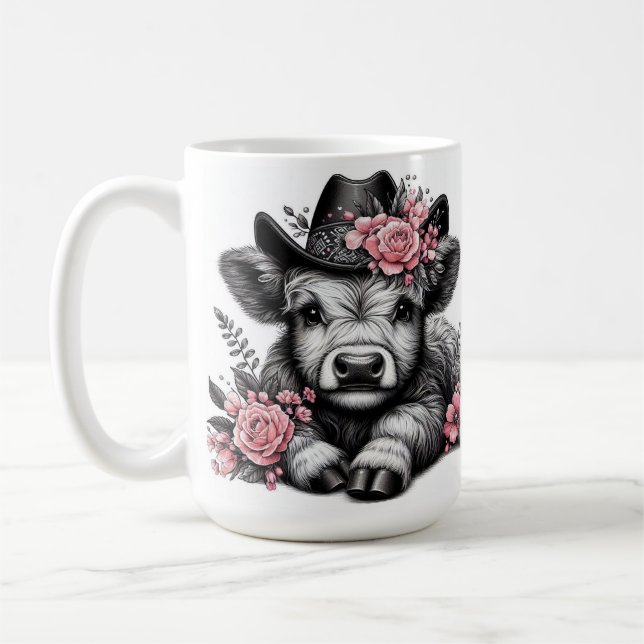 Highland Cow in Hat with Floral Decoration Coffee Mug (Left)