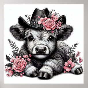 Highland Cow in Hat with Floral Decoration Poster