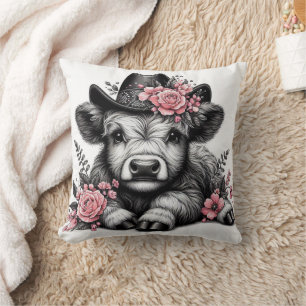 Highland Cow in Hat with Floral Decoration Throw Pillow