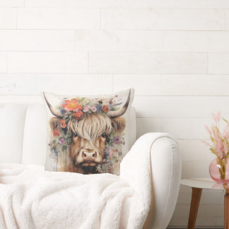 HIghland cow in headwear 3 of 4 Throw Pillow