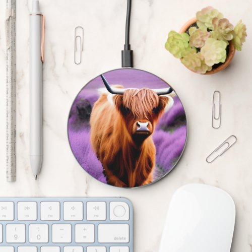 Highland Cow in Lavender Field Wireless Charger