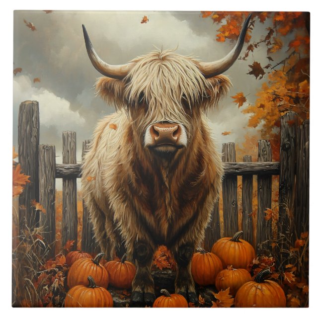 Highland Cow in Pumpkin Patch Ceramic Tile (Front)