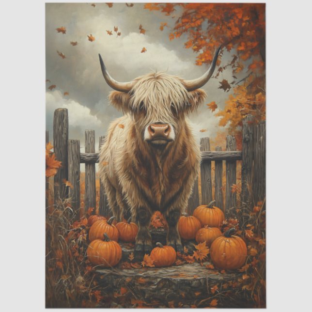 Highland Cow in Pumpkin Patch Decoupage Tissue Paper (Front)