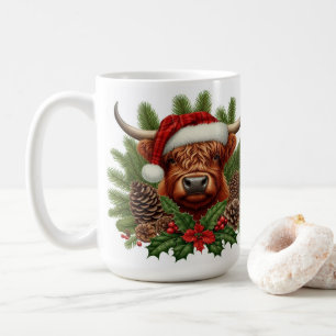 Highland Cow in Santa Hat Christmas Pinecones Coffee Mug