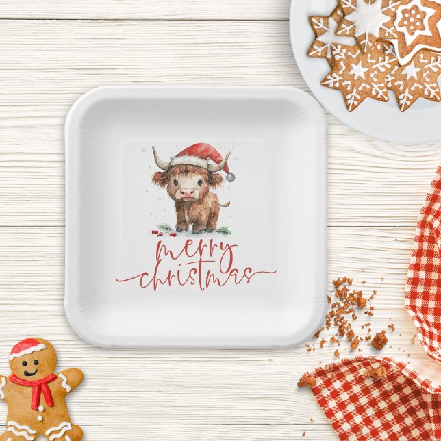 Highland Cow in Santa Hat Merry Christmas Paper Plates (Creator Uploaded)