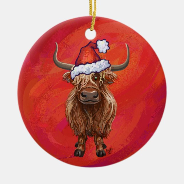 Highland cow in Santa Hat on Red Ceramic Ornament (Front)