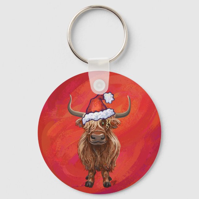 Highland Cow in Santa Hat on Red Keychain (Front)