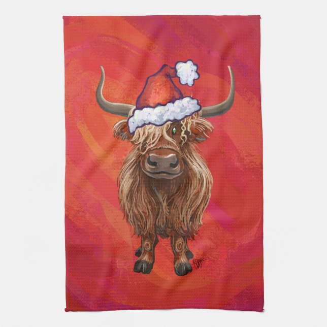 Highland cow in Santa Hat on Red Kitchen Towel (Vertical)