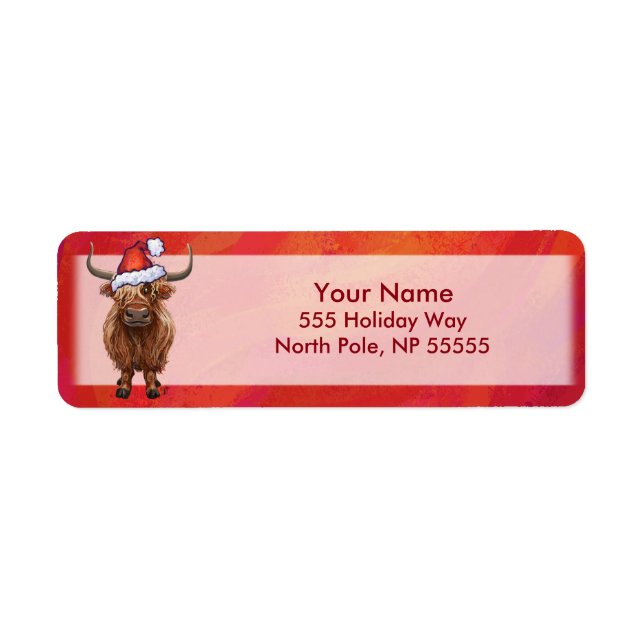 Highland Cow in Santa Hat on Red Label (Front)