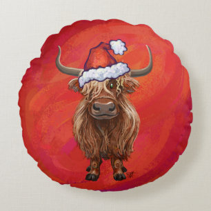 Highland cow in Santa Hat on Red Round Pillow