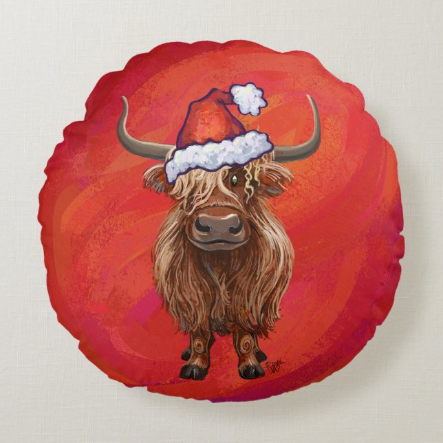 Highland cow in Santa Hat on Red Round Pillow (Front)