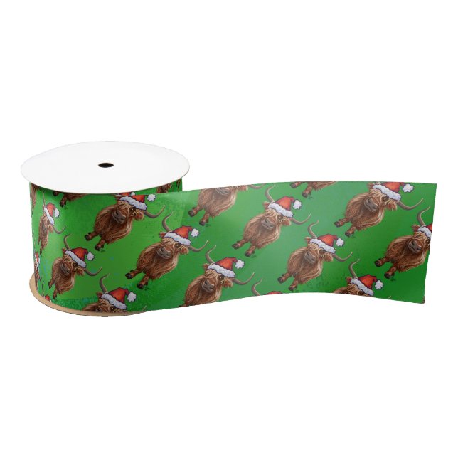 Highland Cow in Santa Hat Pattern On Green Satin Ribbon (Spool)