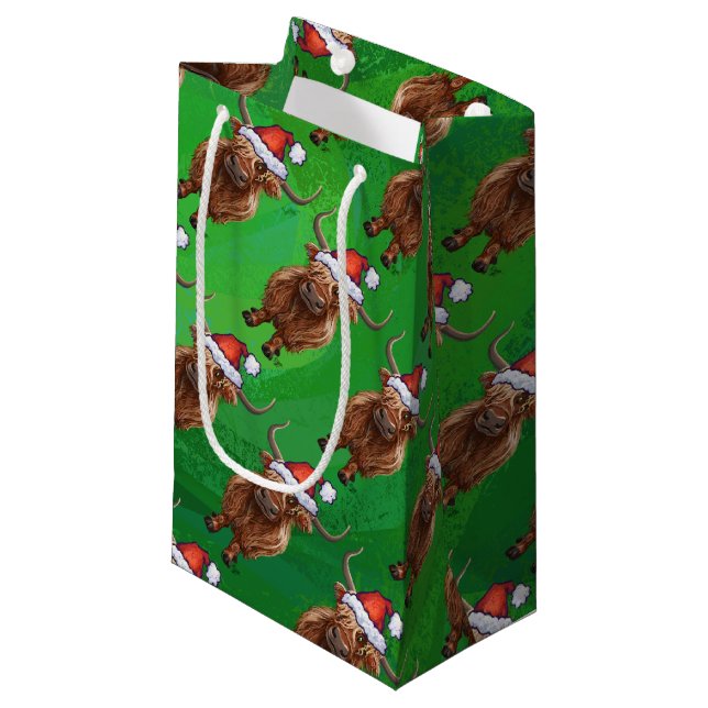 Highland Cow in Santa Hat Pattern On Green Small Gift Bag (Front Angled)