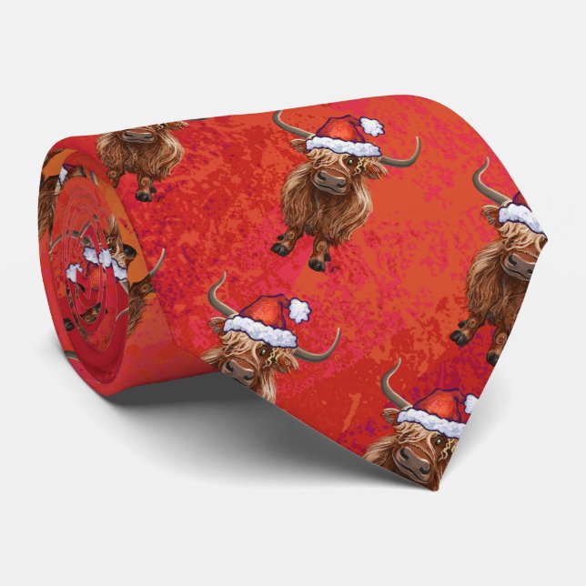 Highland cow in Santa Hat Pattern on Red Neck Tie (Rolled)