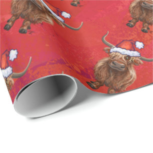 Highland cow in Santa Hat Pattern on Red Wrapping Paper