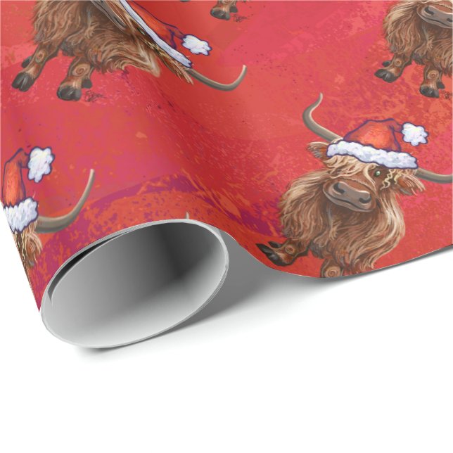 Highland cow in Santa Hat Pattern on Red Wrapping Paper (Roll Corner)