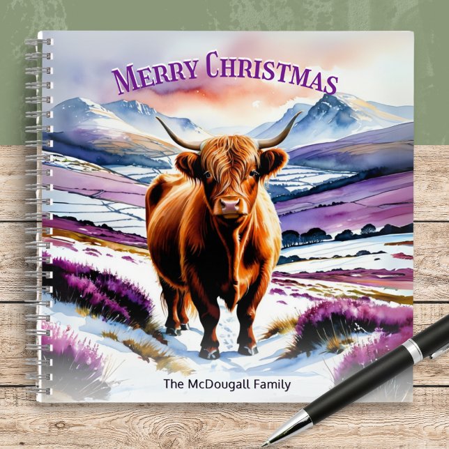 Highland Cow In Snow Watercolor Custom Christmas Notebook (A stylish Christmas notebook with illustration of a Highland cow in Scotland with heather and snow)
