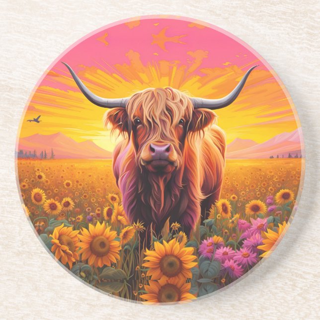 Highland Cow in Sunflowers at Sunrise Coaster (Front)