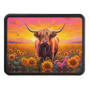Highland Cow in Sunflowers at Sunrise Hitch Cover