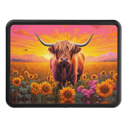 Highland Cow in Sunflowers at Sunrise Hitch Cover