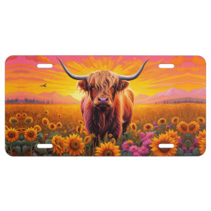 Highland Cow in Sunflowers at Sunrise License Plate