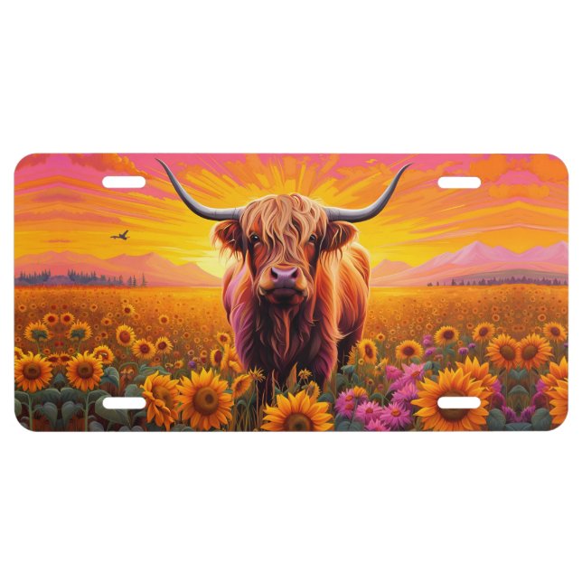 Highland Cow in Sunflowers at Sunrise License Plate (Front)