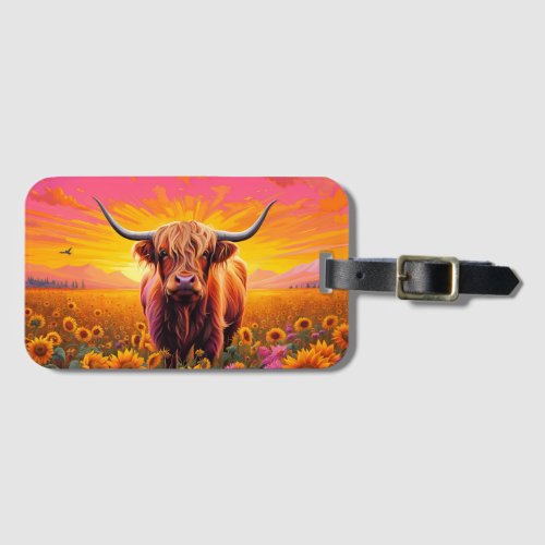 Highland Cow in Sunflowers at Sunrise Luggage Tag