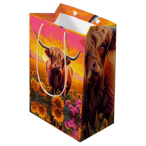 Highland Cow in Sunflowers at Sunrise Medium Gift Bag